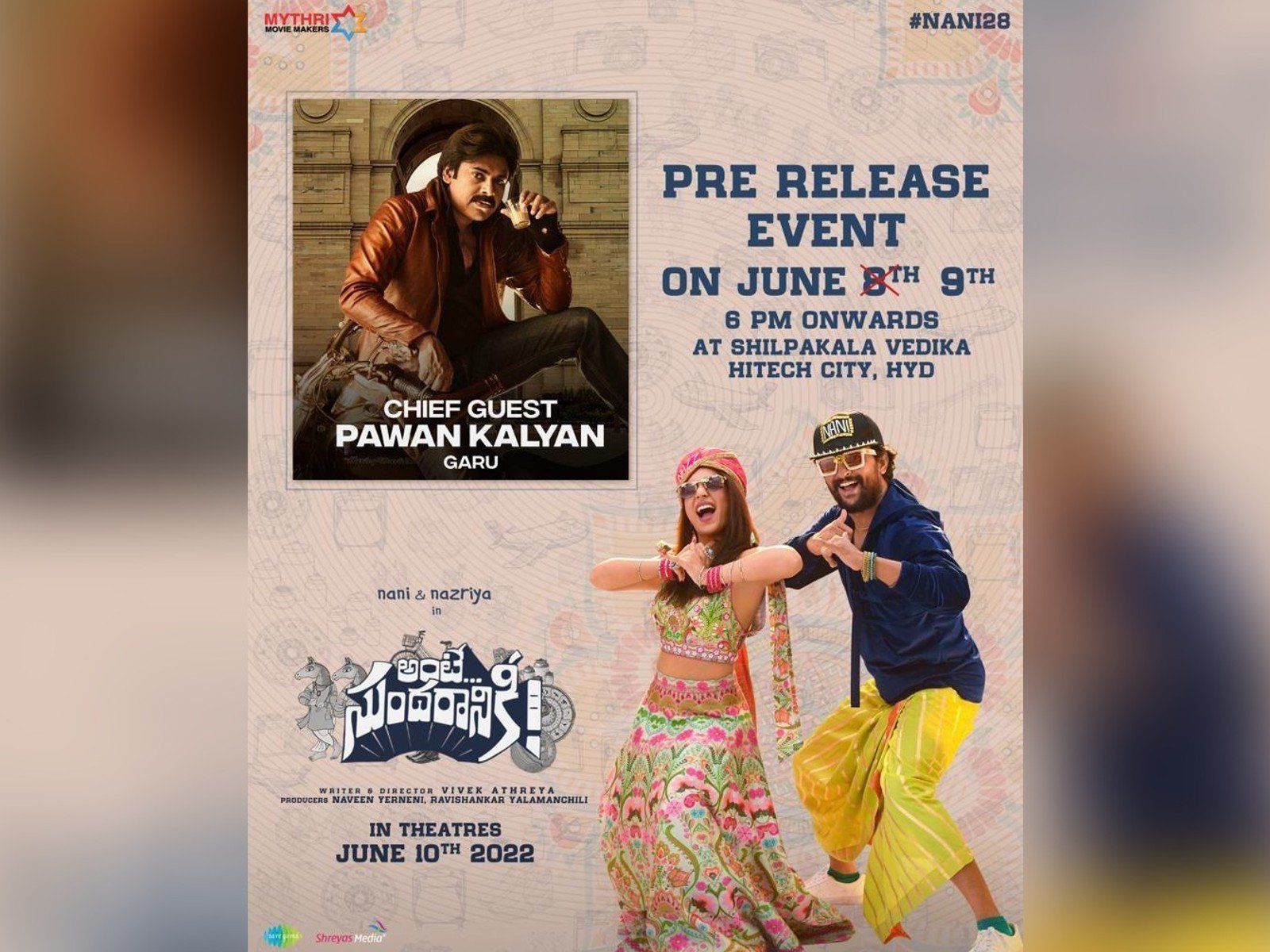 Nani’s Ante Sundaraniki Pre-release Event On June 9th From 6 PM Onwards