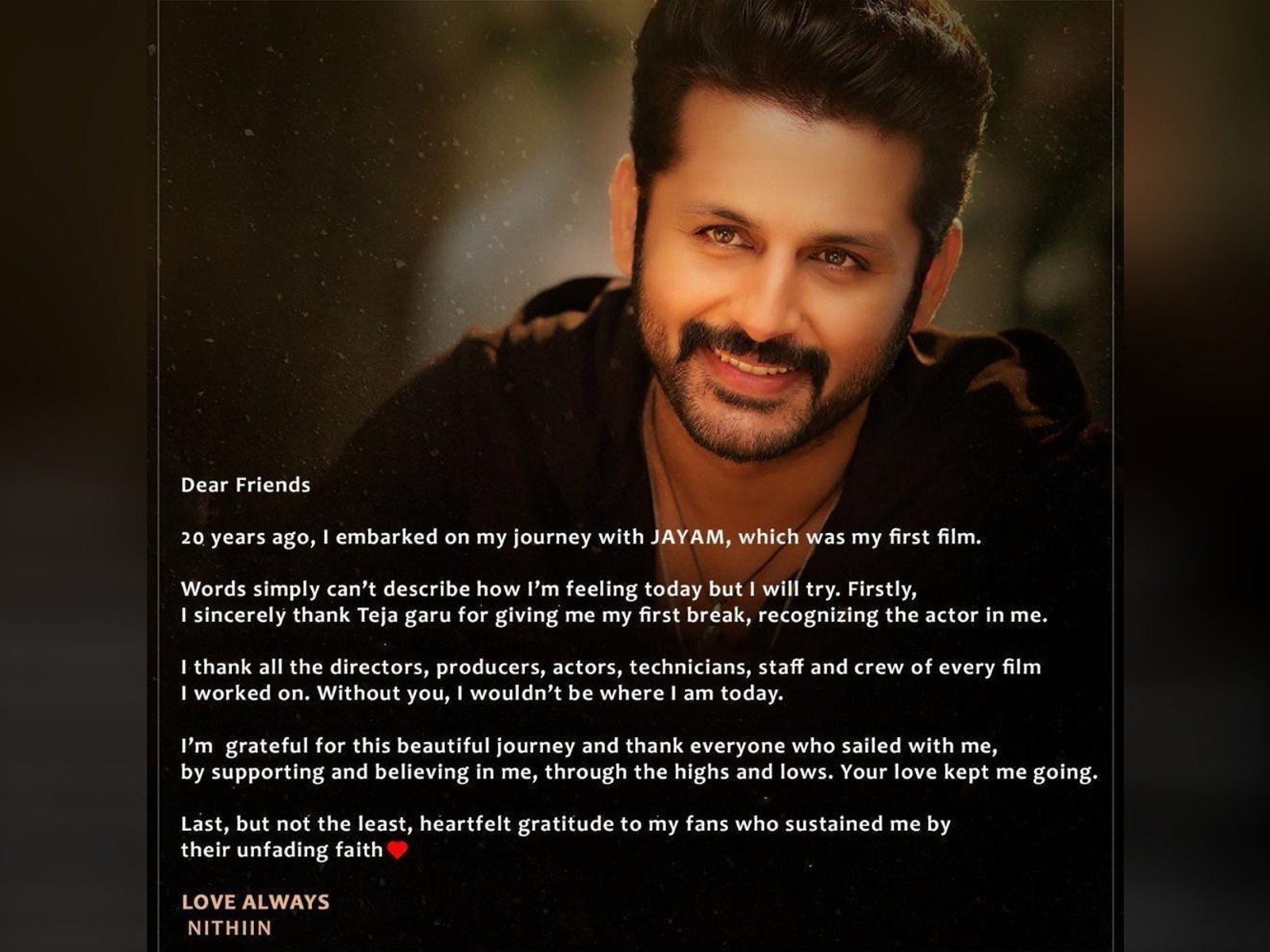 Nithiin pens a heartfelt note on completing his 20Years of Glorious journey in TFI
