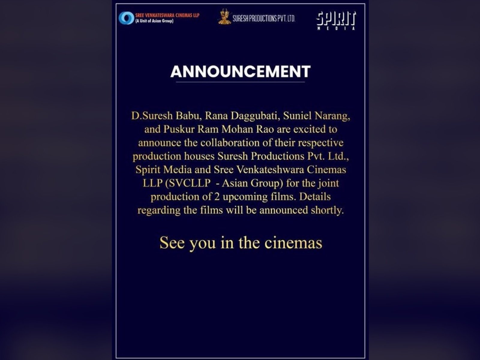 D Suresh Babu, Rana Daggubati, Suniel Narang, and Puskur Ram Mohan Rao Collaborate, Announces Two Films